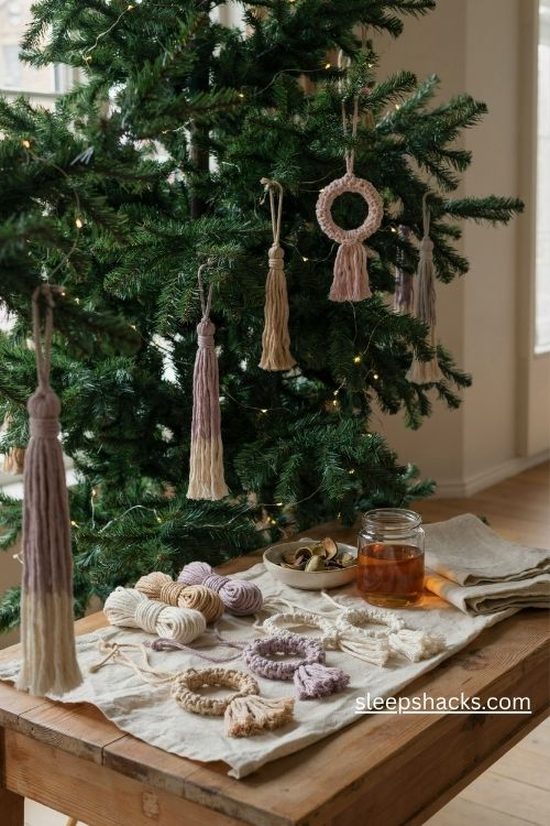 Hand dyed cotton cord macrame Christmas ornaments in tea beige blush pink and dusty lavender