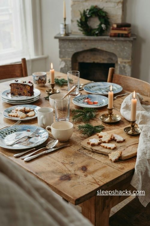 Hand painted Christmas dessert plates with snowy cottages foxes and winter forest scenes