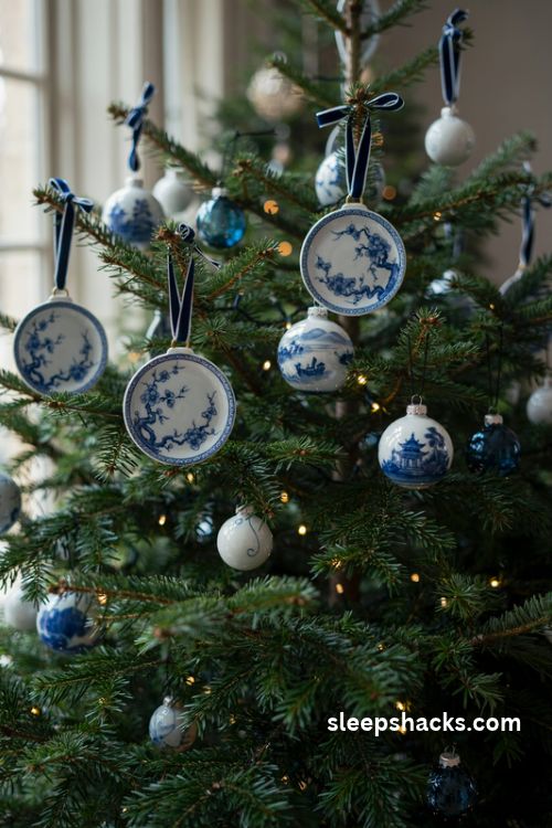 Hand painted blue and white porcelain chinoiserie Christmas ornaments with delicate floral patterns on an evergreen tree