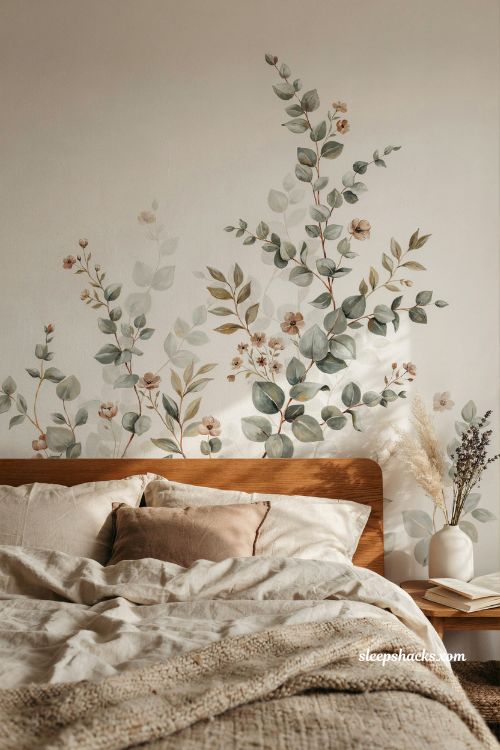 Hand-painted botanical mural bedroom wall with sage green leaves and wildflowers