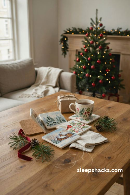 Hand painted ceramic Christmas tile coasters with snowy pines cardinals and cottages