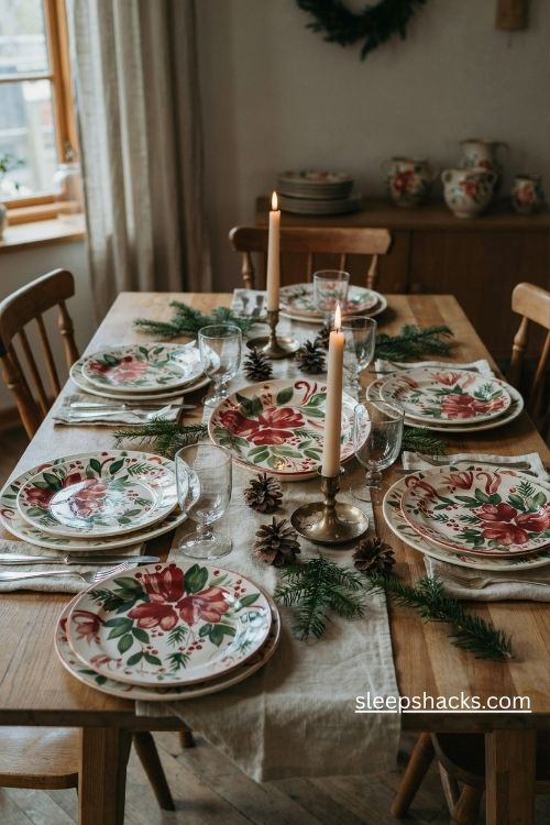 Hand painted pottery christmas plates with red and green floral designs on a rustic table