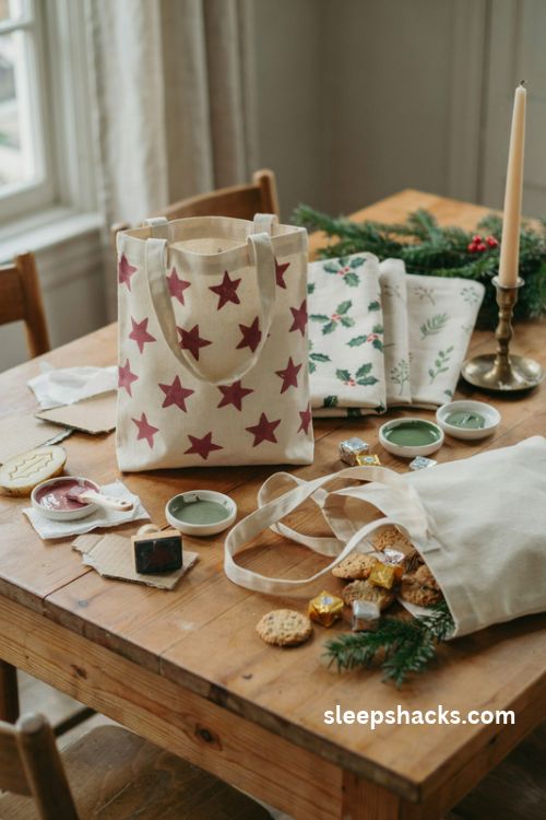 Hand stamped canvas tote bags with handmade christmas prints and diy fabric paint gift ideas