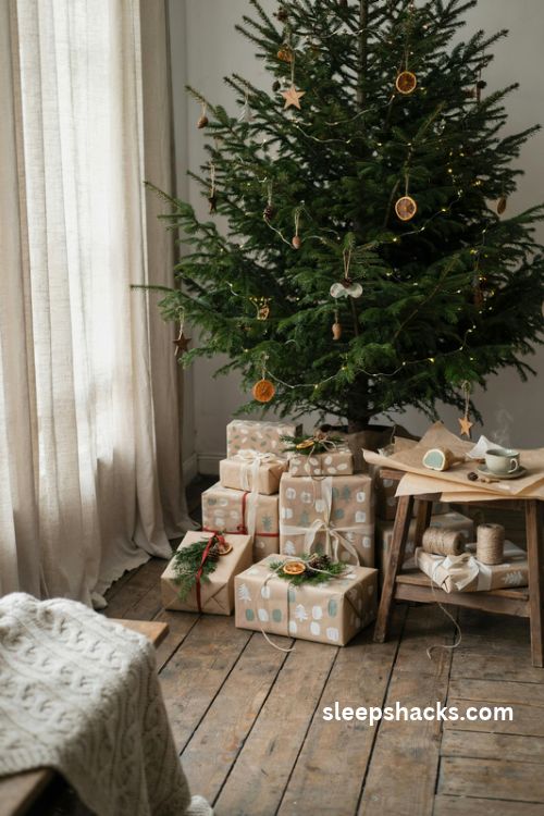 Hand stamped kraft paper christmas gift wrapping with twine and fresh greenery