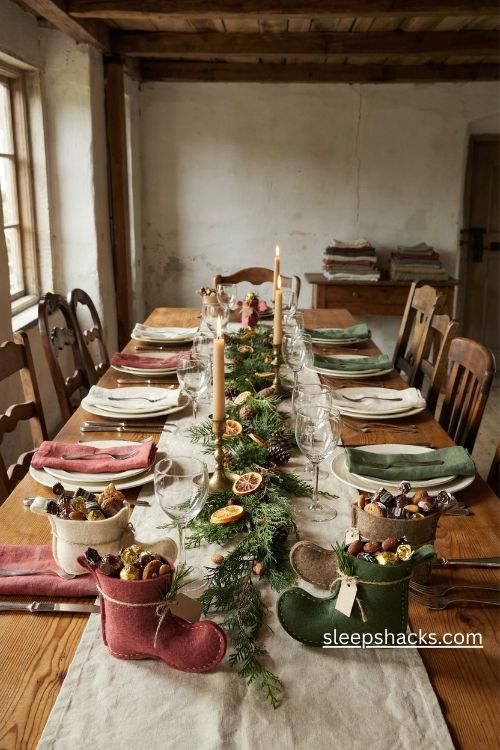 Handmade Christmas boot treat holders filled with chocolates and cookies on a rustic farmhouse holiday table setting