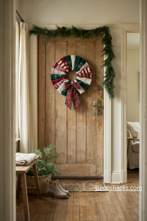 Handmade Christmas sock wreath with a red plaid bow on a rustic front door