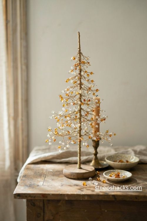 Handmade beaded wire christmas tree with amber glass beads and delicate gold branches