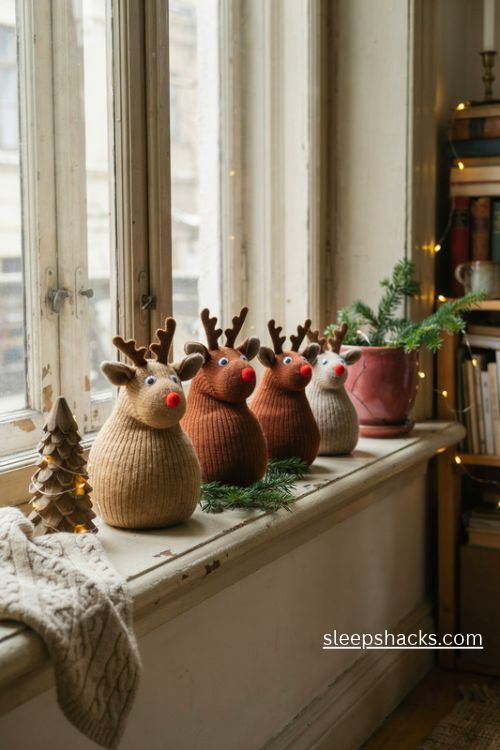 Handmade brown sock reindeer with red pompom noses on a cozy Christmas windowsill