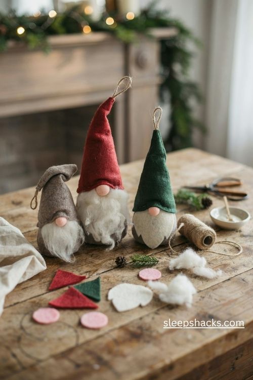 Handmade felt christmas gnome ornaments with pointed hats fluffy white beards and tiny pink noses