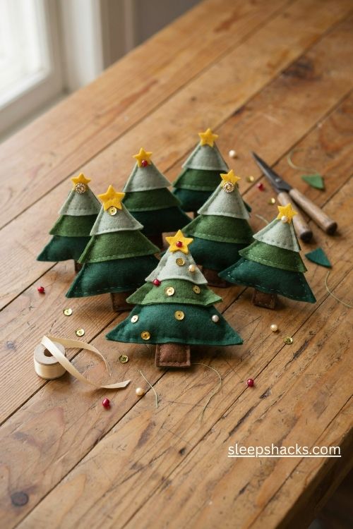 Handmade felt christmas tree ornaments with sparkling sequins layered green felt and tiny gold stars