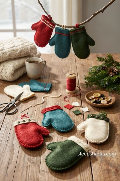 Handmade felt mitten christmas ornaments in red teal and cream with buttons and yarn loops