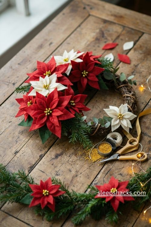 Handmade felt poinsettia christmas ornaments in red white and cream with layered petals and golden centers
