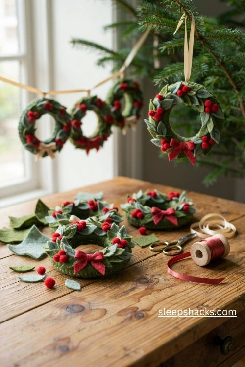 Handmade felt wreath christmas ornaments with layered green leaves red pom pom berries and tiny bows