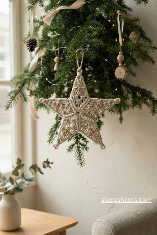 Handmade macrame star Christmas tree topper in warm cream cotton with delicate gold beads