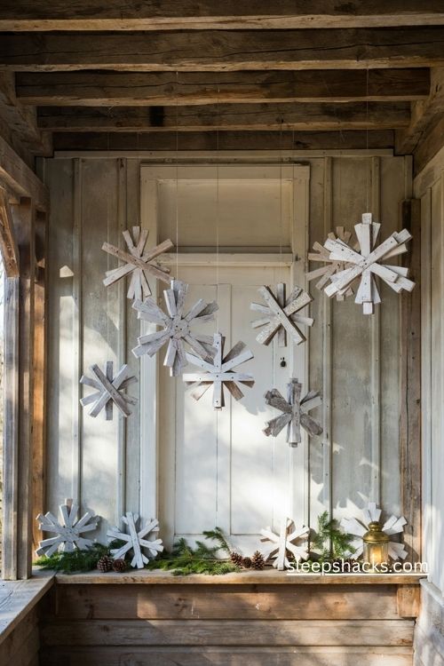 Handmade pallet wood Christmas snowflakes in different sizes with whitewashed rustic farmhouse finishes