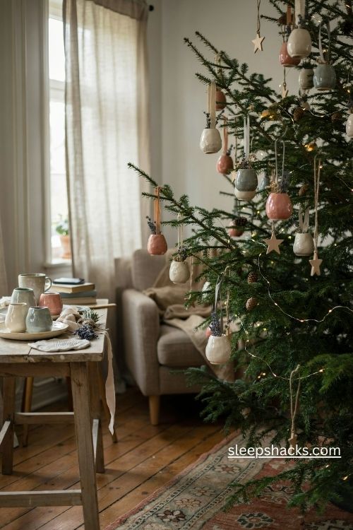 Handmade pinch pot ceramic christmas ornaments with sage glaze and dried lavender