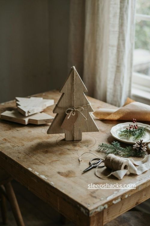 Handmade pine wood Christmas tree gift wrapped in kraft paper and twine