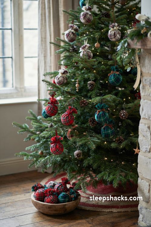 Handmade tartan fabric Christmas ornaments clustered on a traditional evergreen tree
