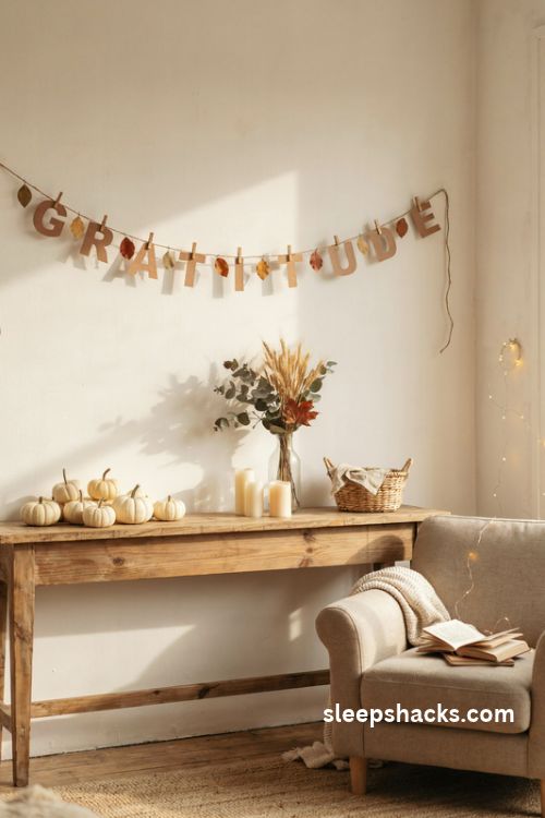 Handmade thankful banner with autumn cardstock letters twine clothespins and colorful leaves above a rustic farmhouse sideboard