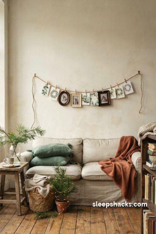 Handwritten christmas cards and family photos displayed on twine with wooden pegs in a cozy farmhouse living room