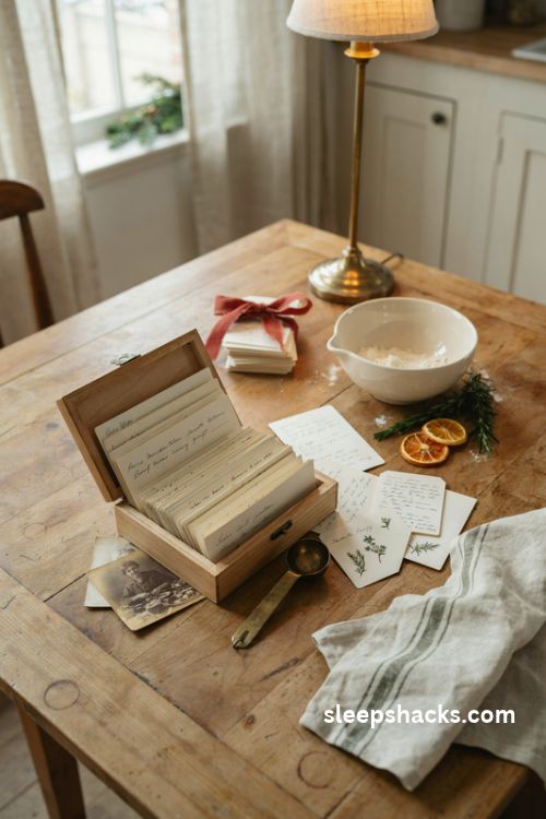 Handwritten family recipe collection Christmas gift idea with wooden recipe box vintage recipe cards family photos and cozy farmhouse kitchen decor