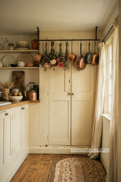 Hang copper pots and dried flowers for cozy fall cottage kitchen decor