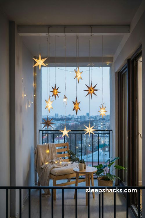 Hanging Christmas star lights on a cozy balcony for a dreamy nighttime glow