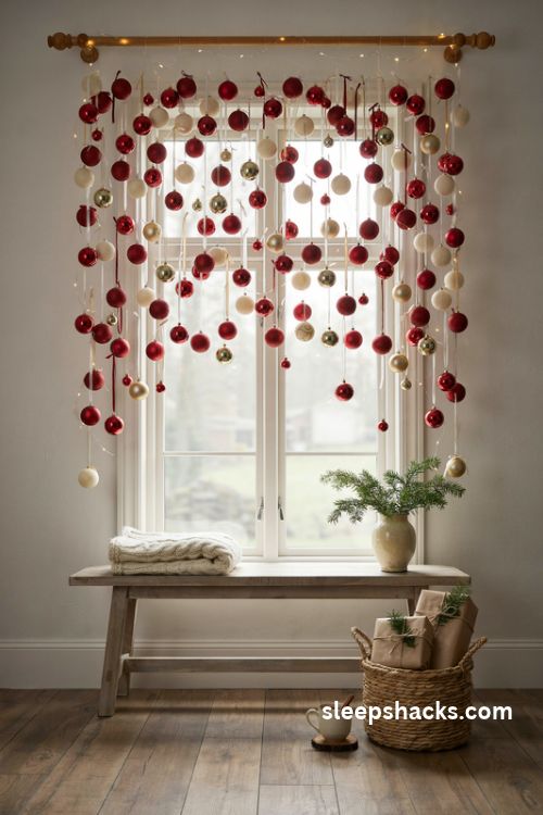 Hanging christmas ornament curtain backdrop with red gold and cream baubles