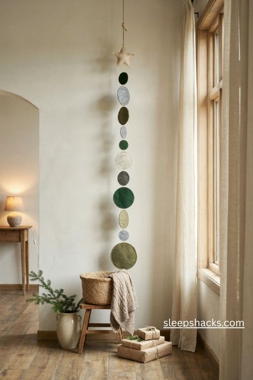Hanging felt garland Christmas tree with graduated green circles and a felt star