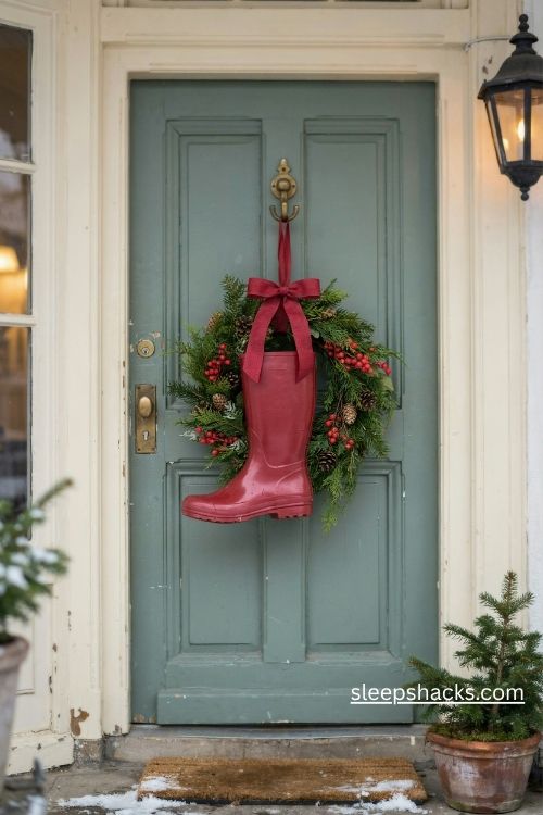 Hanging red rain boot Christmas door decoration with pine greenery red berries and a wide festive ribbon as a wreath alternative