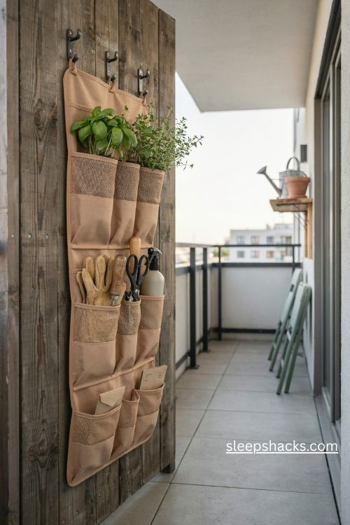 Hanging shoe organizer ideas for small balcony storage with herbs and gardening tools 