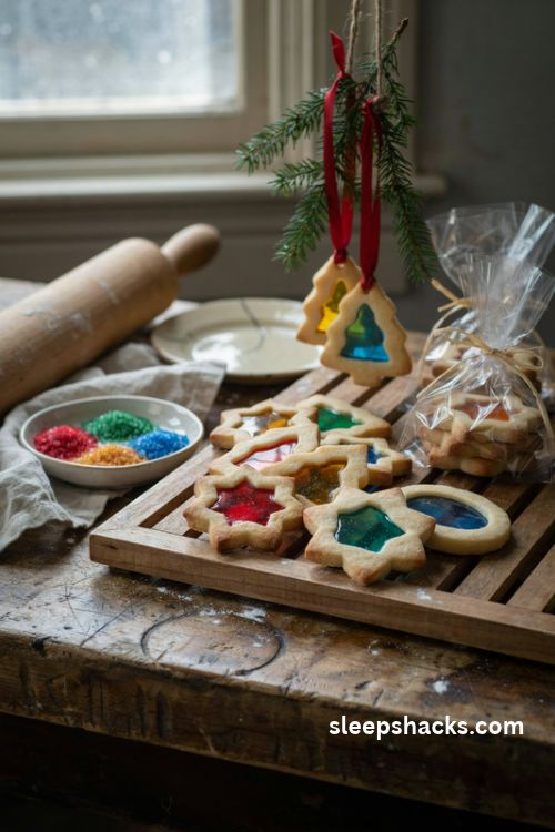 Hard candy stained glass Christmas cookie ornaments with colorful jewel toned centers and golden edges