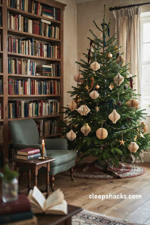 Harry potter book page christmas ornaments with vintage folded paper decorations and gold baubles