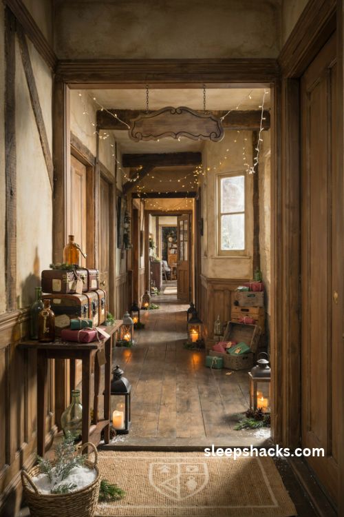 Harry potter diagon alley christmas entryway with vintage trunks glowing lanterns and rustic magical market decor