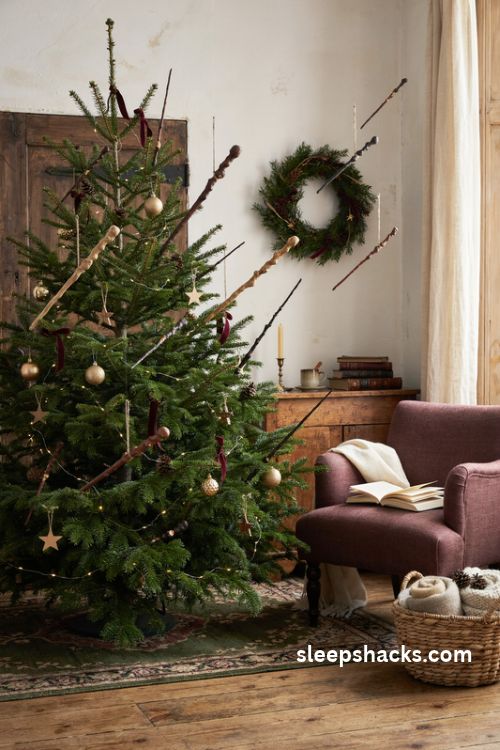 Harry potter diy wand christmas ornaments with handmade wooden wizard wands on a cozy evergreen tree