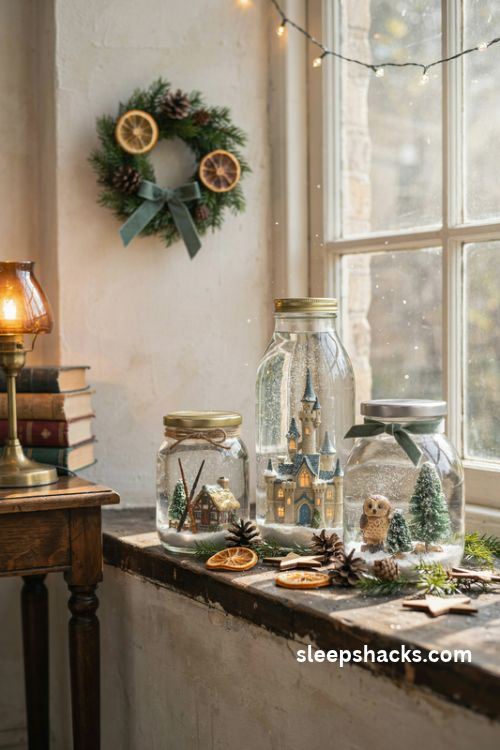 Harry potter enchanted snow globe jars with miniature castles owls and magical winter scenes