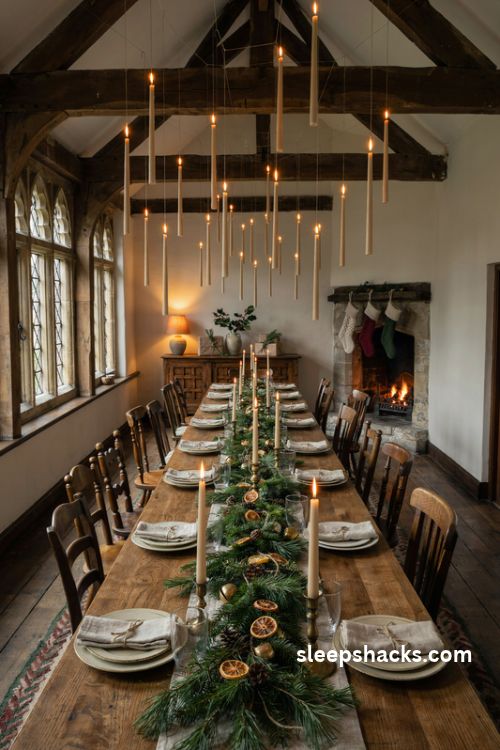 Harry potter floating candle ceiling with warm glowing flameless candles above a magical christmas dining table
