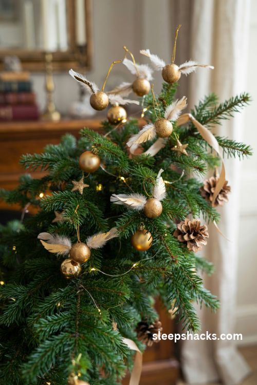 Harry potter golden snitch christmas ornaments with delicate gold wings on a lush evergreen tree