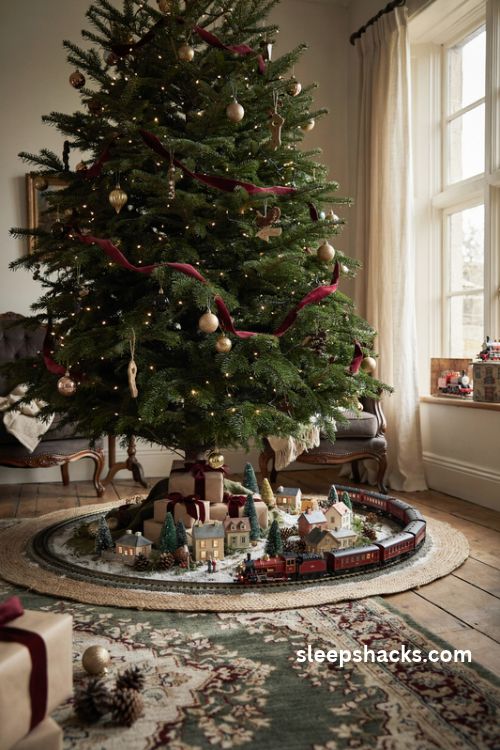 Harry potter hogwarts express christmas train circling beneath a glowing tree with a snowy miniature village