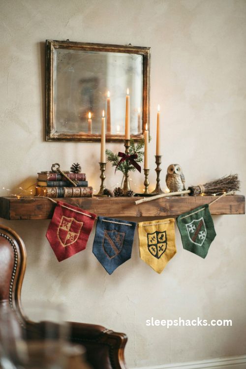 Harry potter house banner christmas mantel with four colorful felt pennants candles and vintage wizard decor