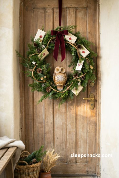 Harry potter owl post christmas wreath with a feathered owl miniature parchment envelopes and evergreen branches