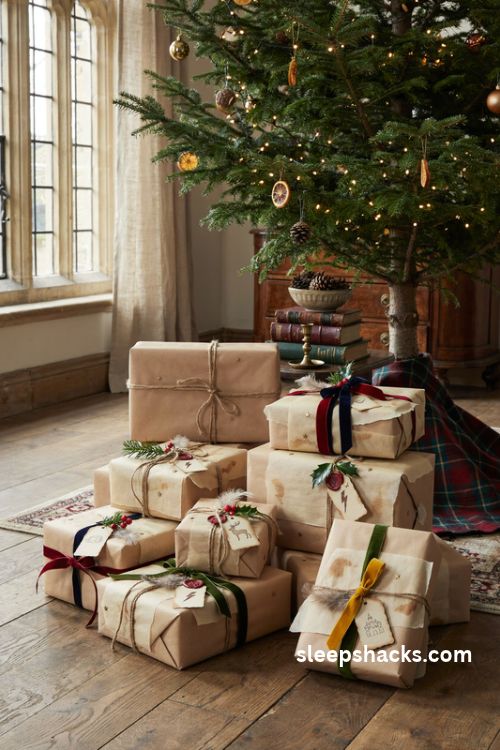 Harry potter parchment christmas gift wrapping with kraft paper packages wax seals twine and gold stars