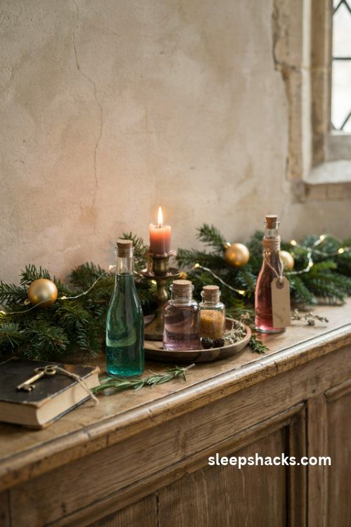 Harry potter potion bottle christmas decorations with colorful glass apothecary jars and vintage magical shelf decor