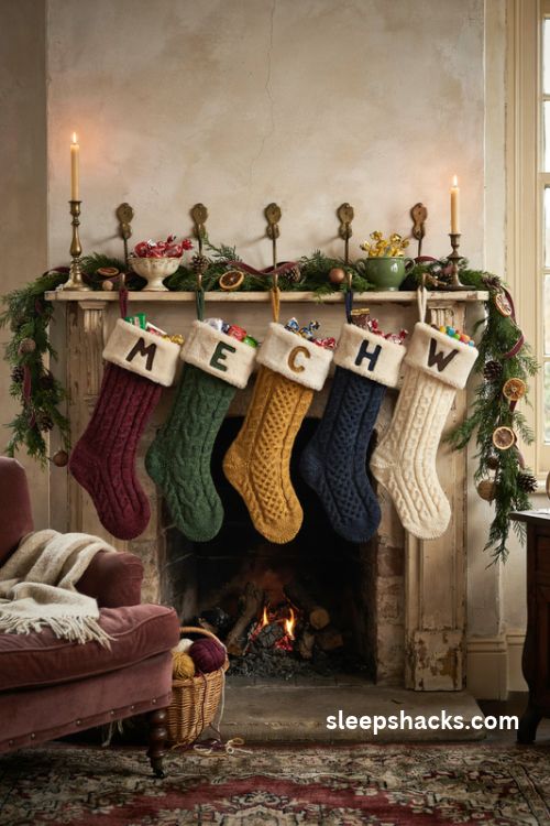 Harry potter weasley style christmas stockings with chunky knit sweaters felt initials and cozy mantel decor