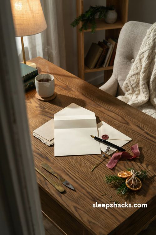 Heartfelt gratitude letter gift idea with cream stationery wax seal fountain pen and cozy vintage writing desk