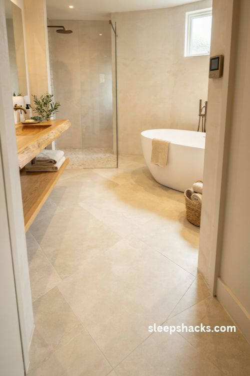 Heated bathroom floors with warm ivory tiles natural oak vanity and cozy morning spa comfort
