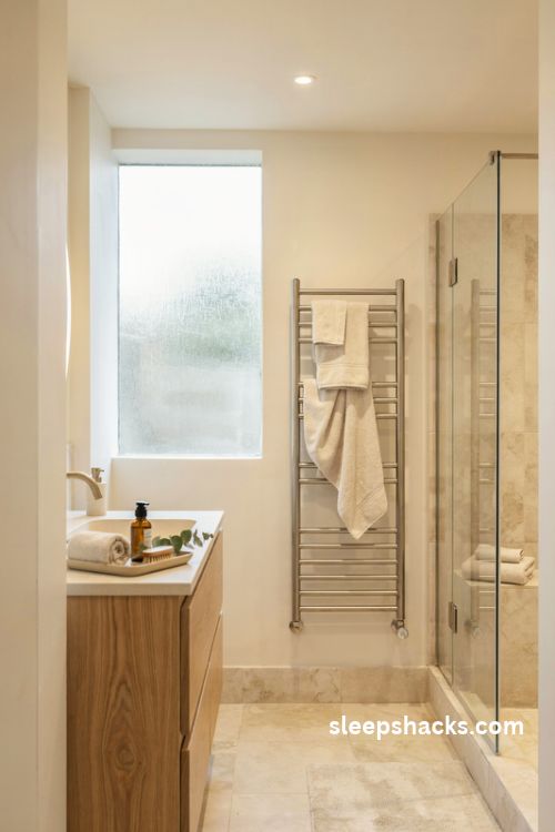 Heated towel rail bathroom with warm ivory towels brushed brass fixtures and cozy spa inspired decor