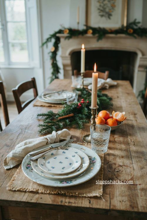 Heirloom china with gold edges on a French country Christmas table 