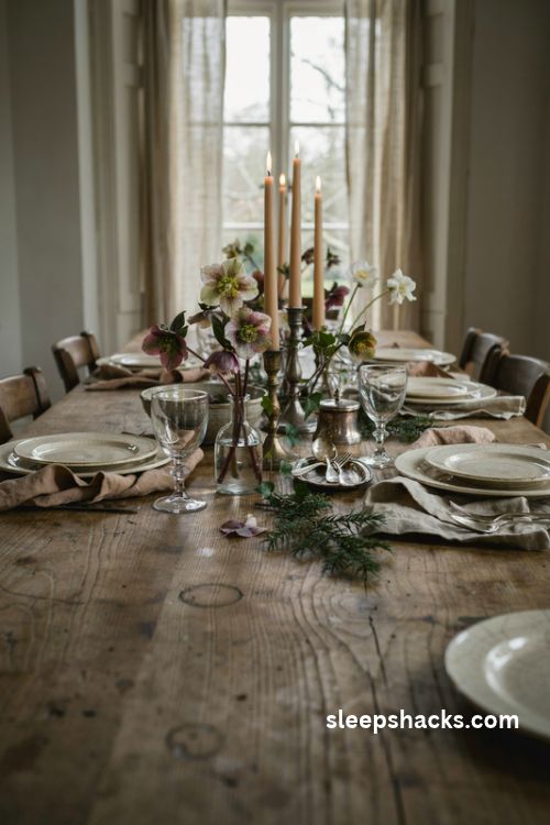 Hellebore Christmas rose centerpiece with trailing ivy antique silver and candlelight