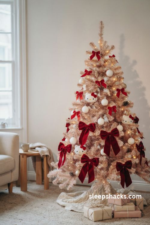 Hello Kitty Christmas tree decorated with red velvet bows and pink branches